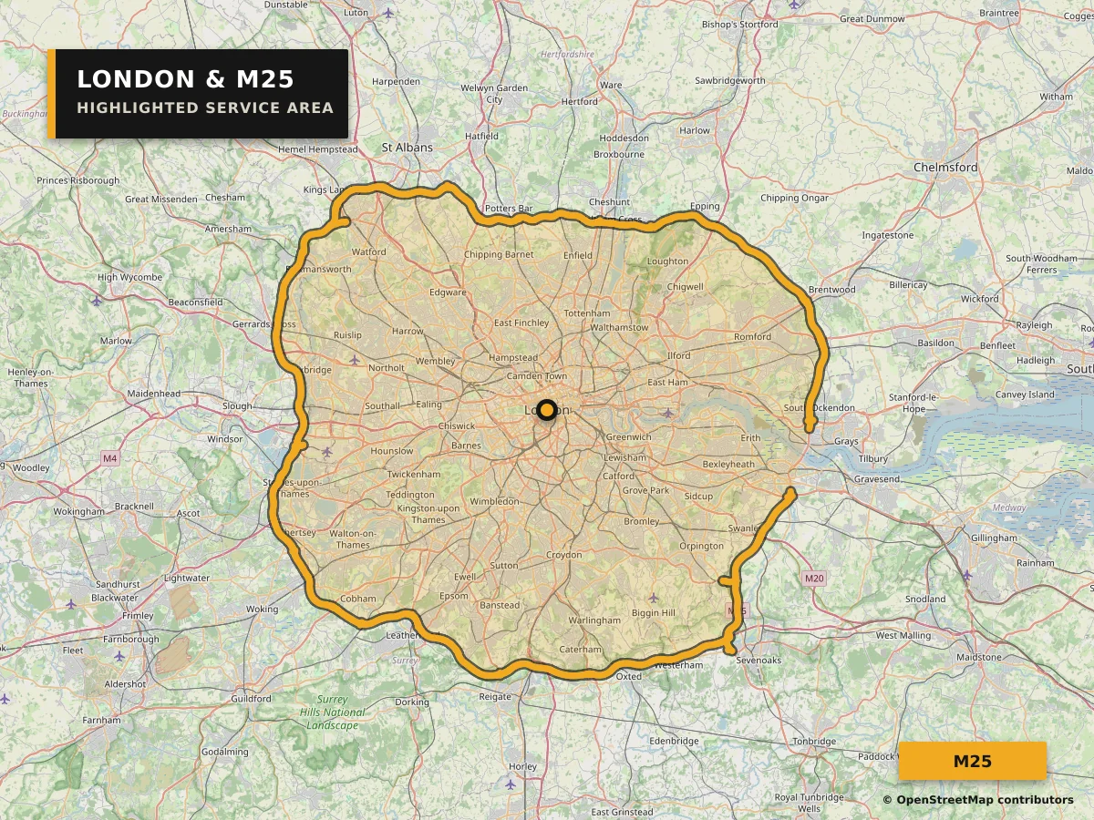 Map of London with the area inside the M25 highlighted